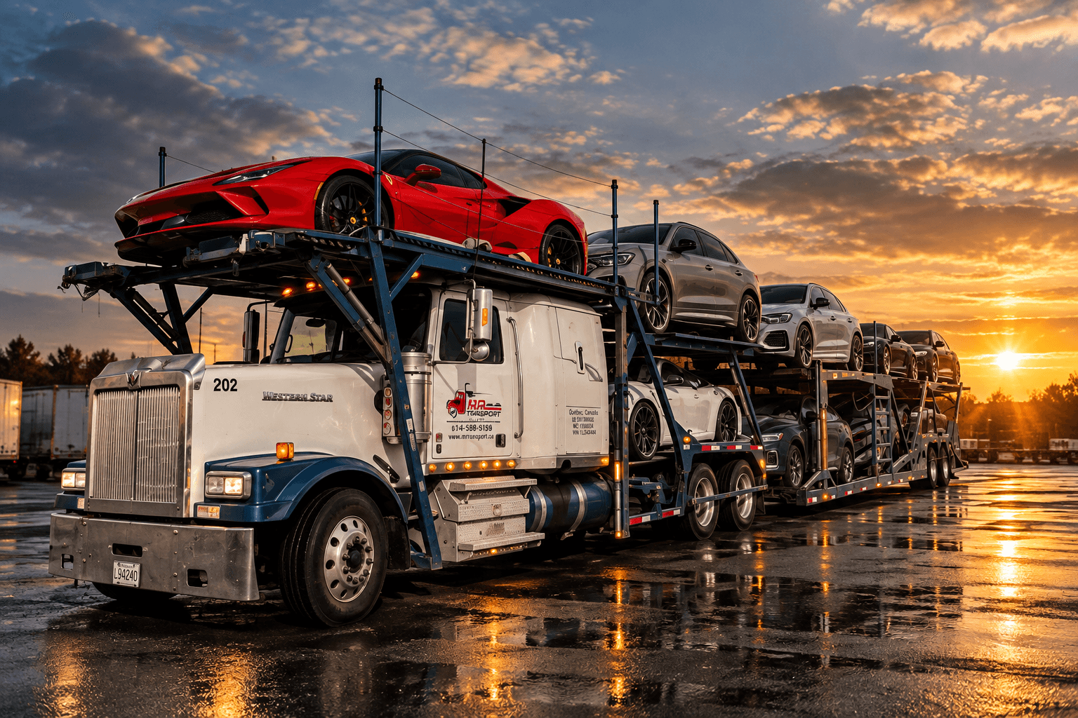 MR Transport car hauler loaded at sunset