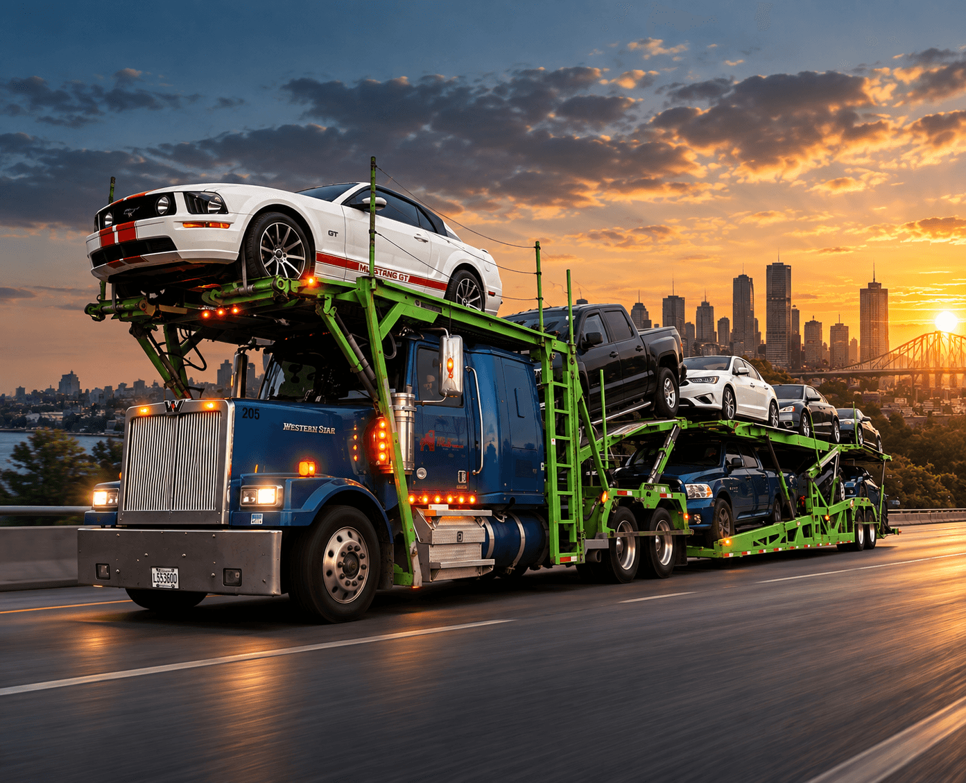 MR Transport car hauler on the highway at sunset